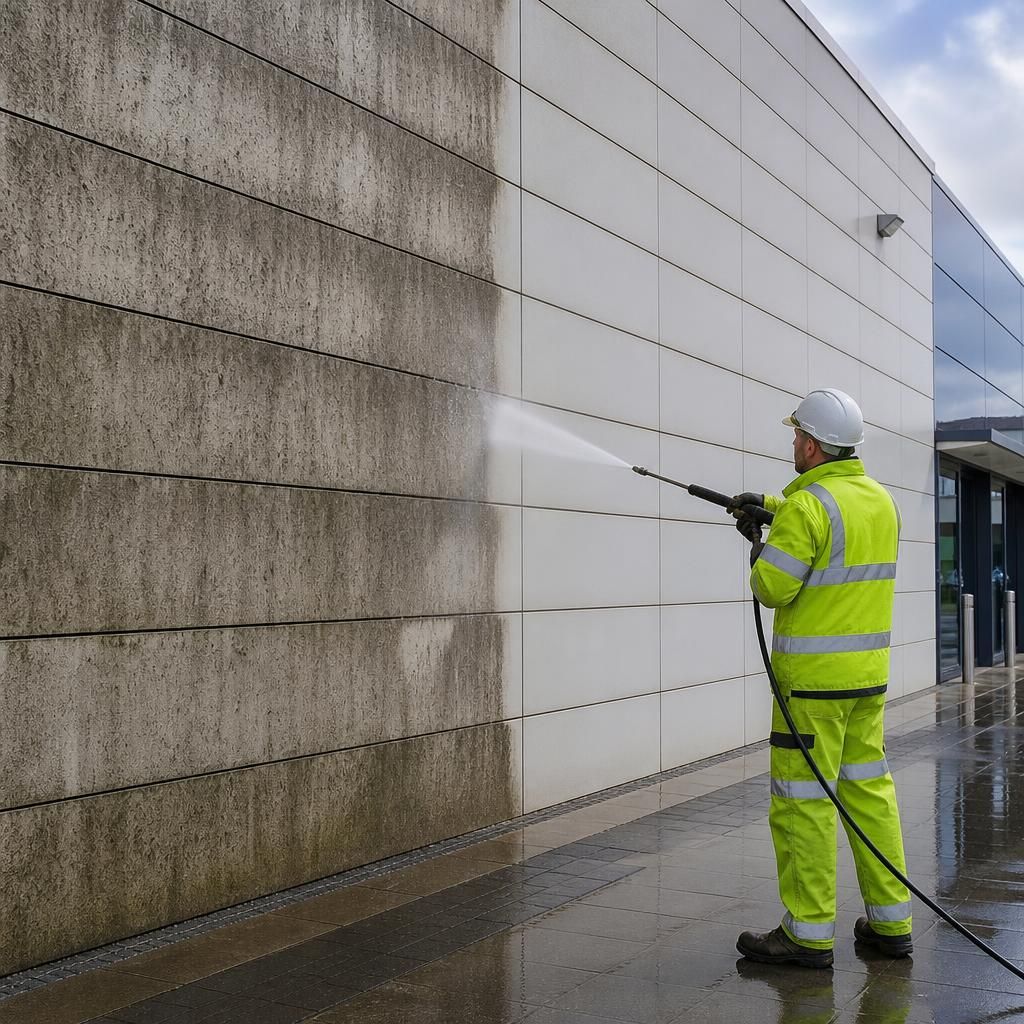 Before and after jet washing of a commercial building facade