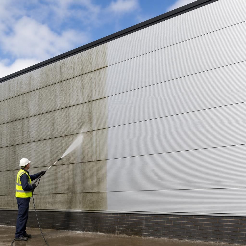 Before and after cleaning of building cladding