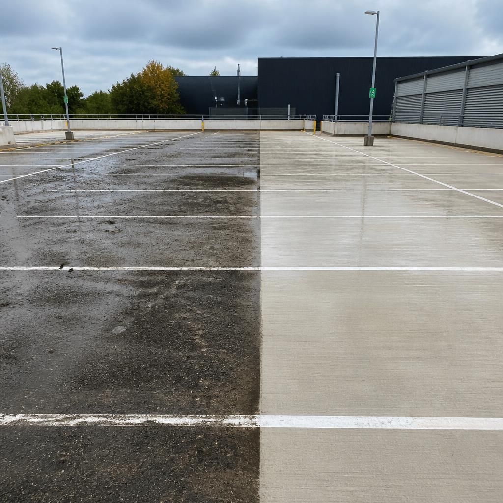 Before and after pressure washing of a car park