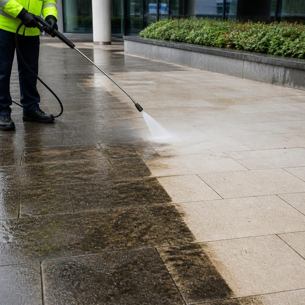 Before and after pavement cleaning using jet washing