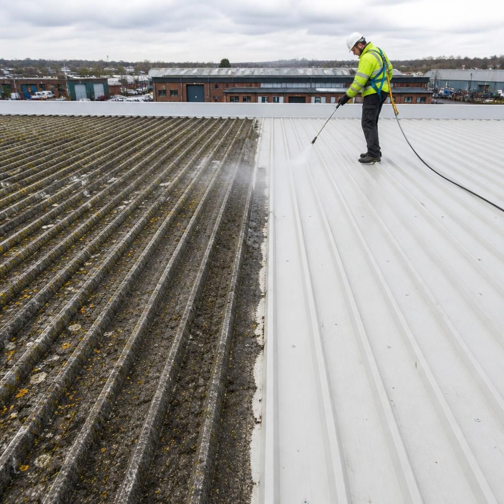 Before and after roof cleaning using high-pressure washing
