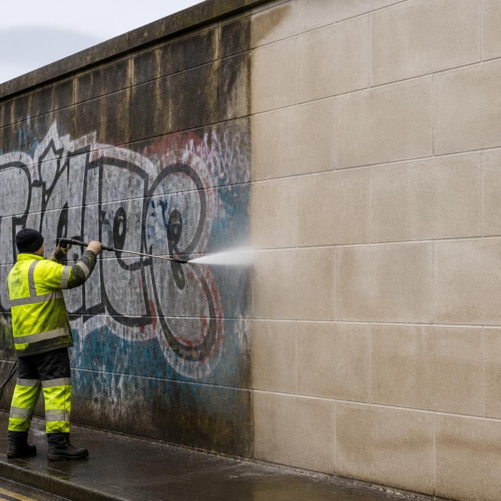 Before and after graffiti removal on a wall