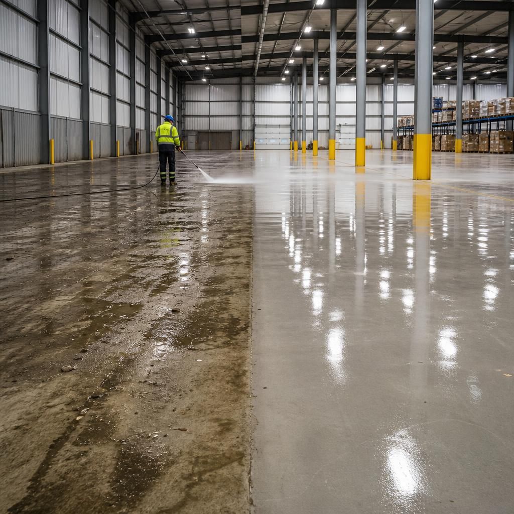 Before and after interior cleaning of a warehouse using jet washing