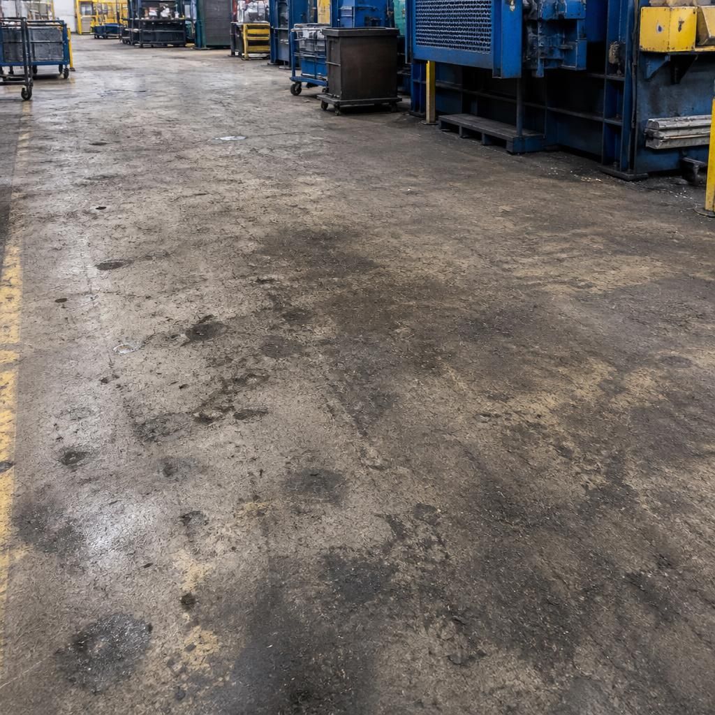 A dirty industrial floor before cleaning