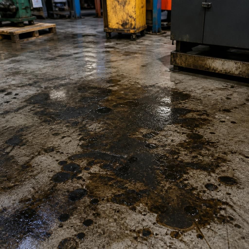 Oil-stained industrial floor before cleaning