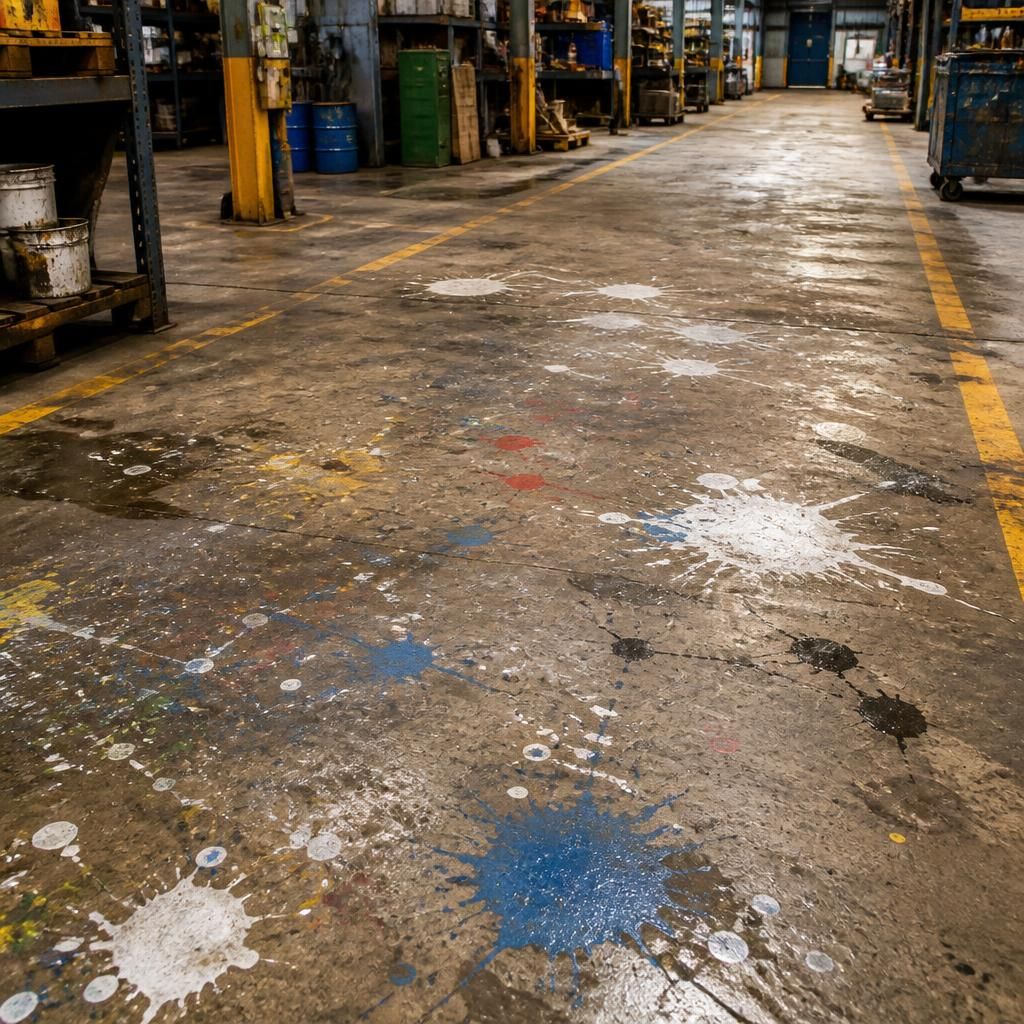 Industrial floor before cleaning with paint spills