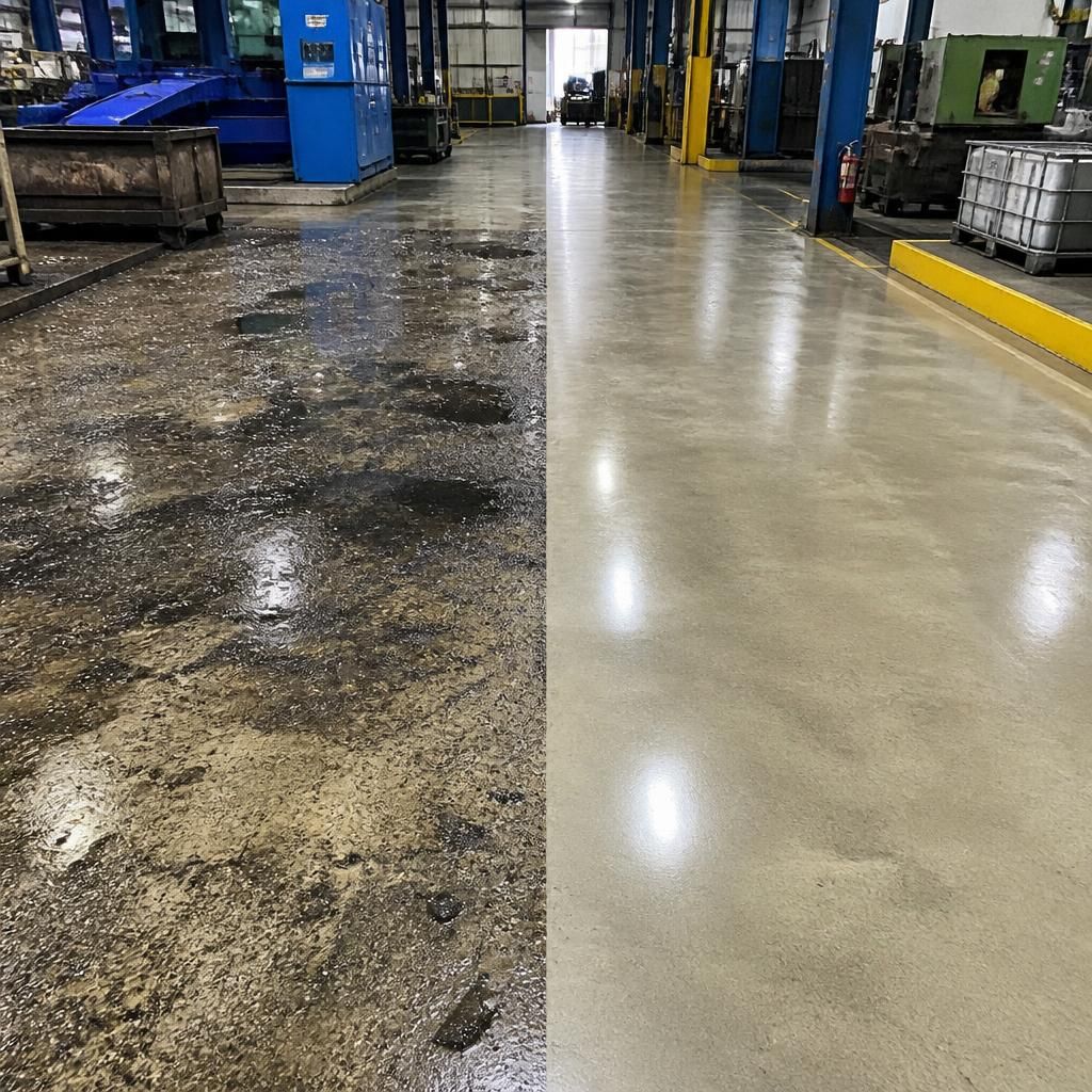 Before and after of factory floor cleaning