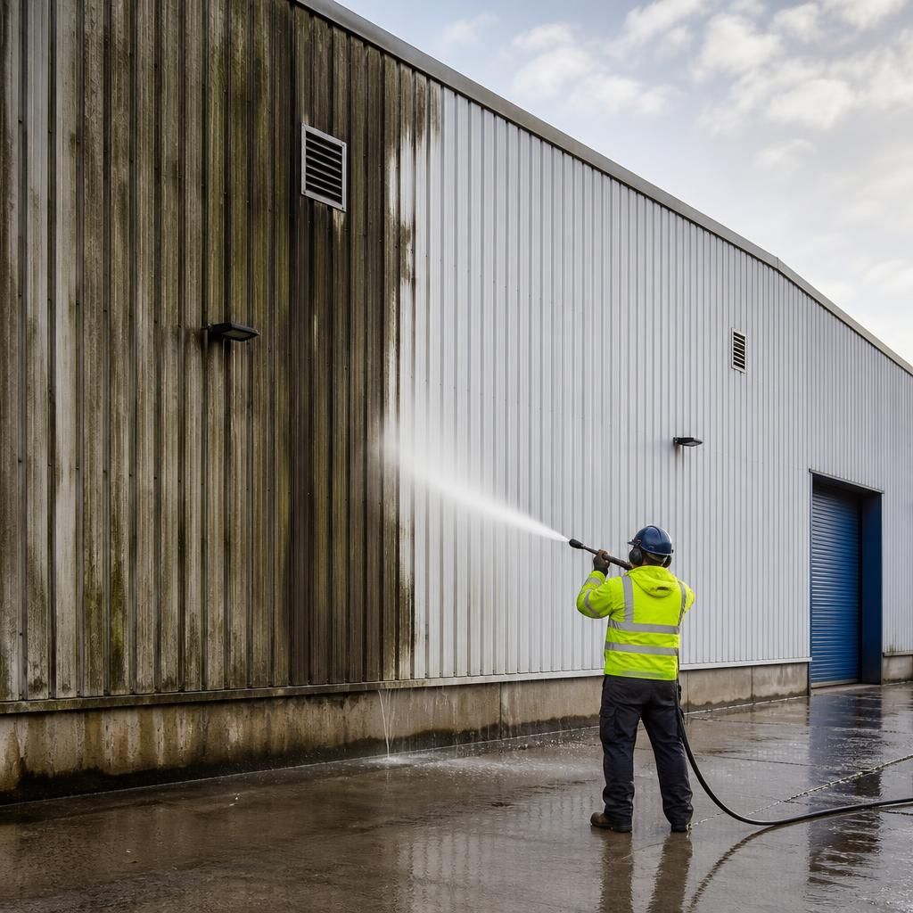 Industrial walls before and after jet washing
