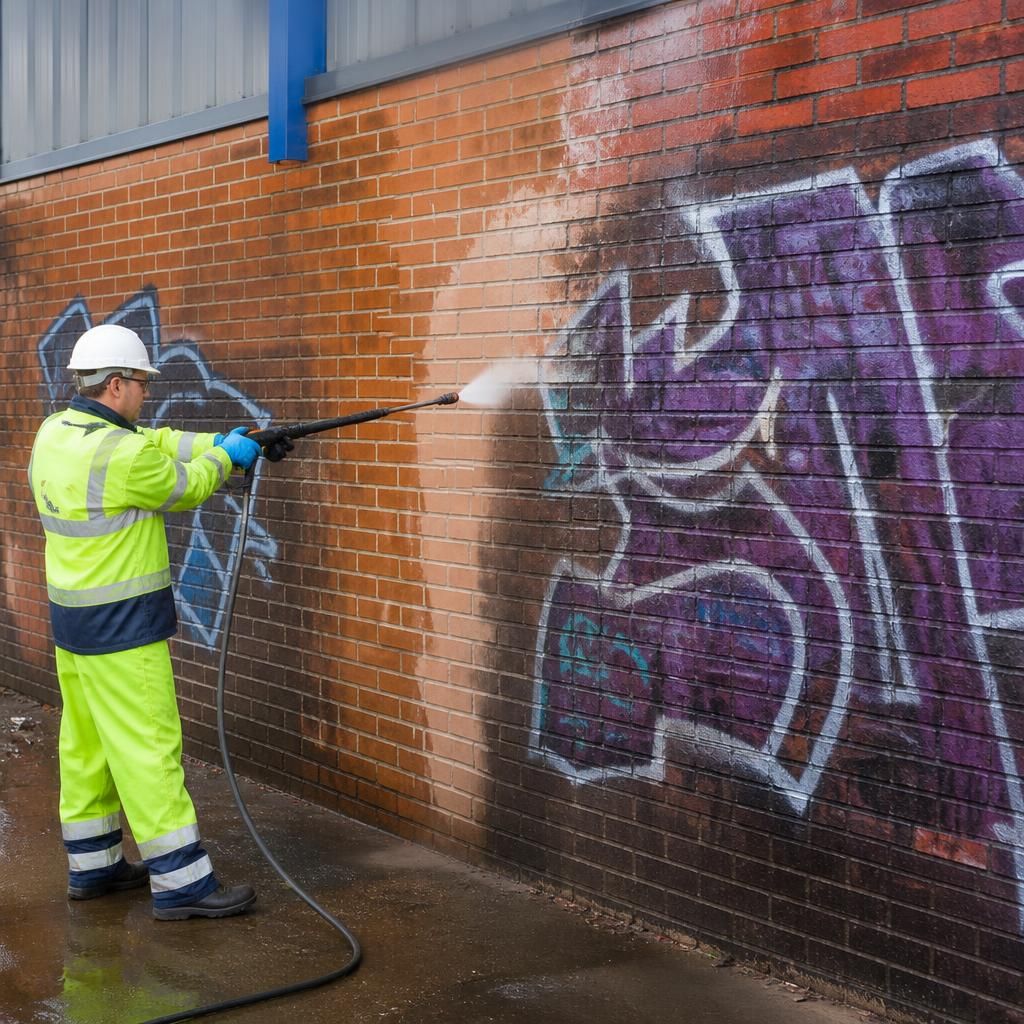 Graffiti removal on brick wall