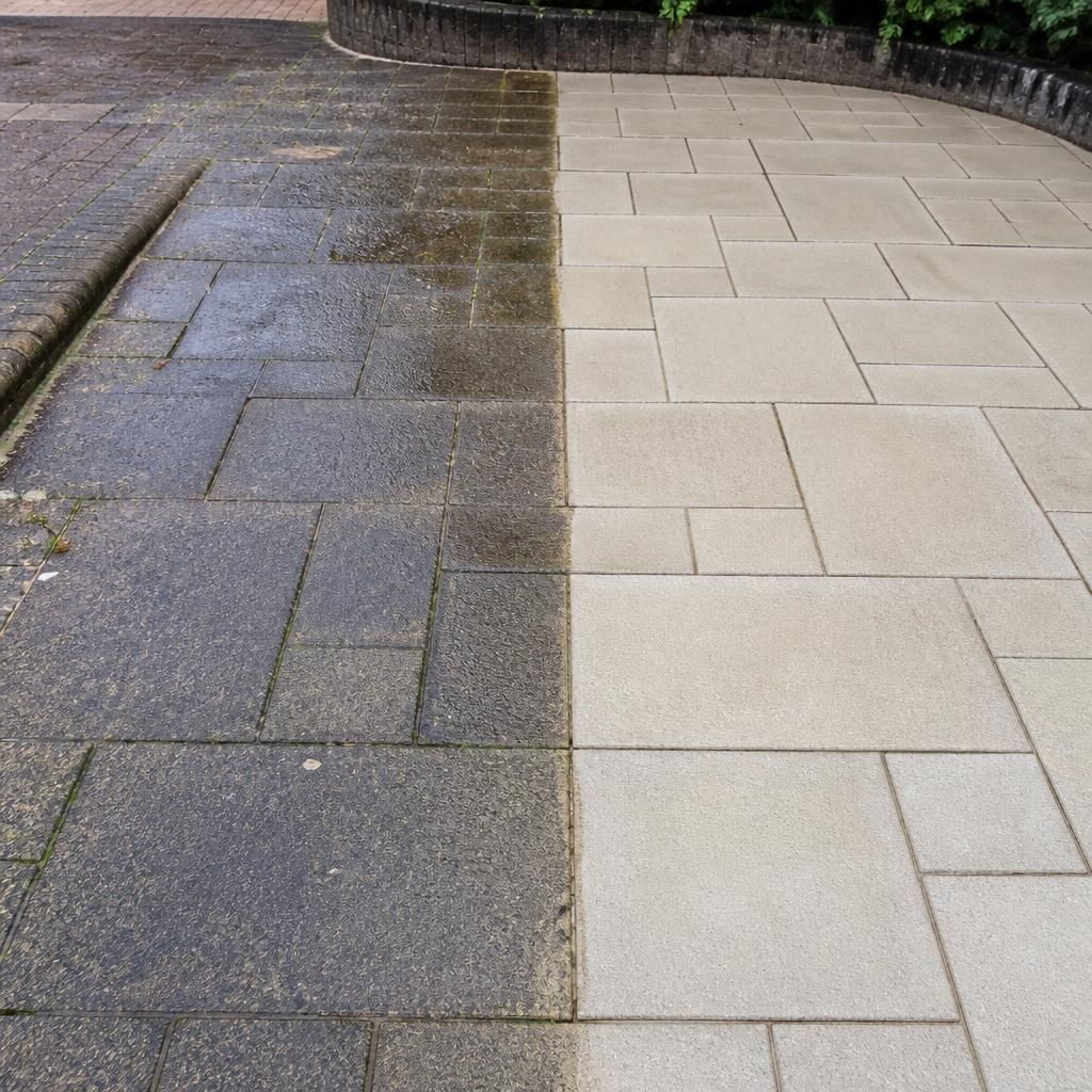 Before and after image of a cleaned concrete pavement