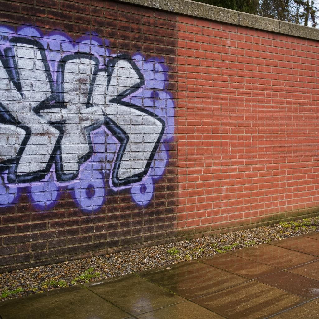 Before and after image showing graffiti removal from a brick wall