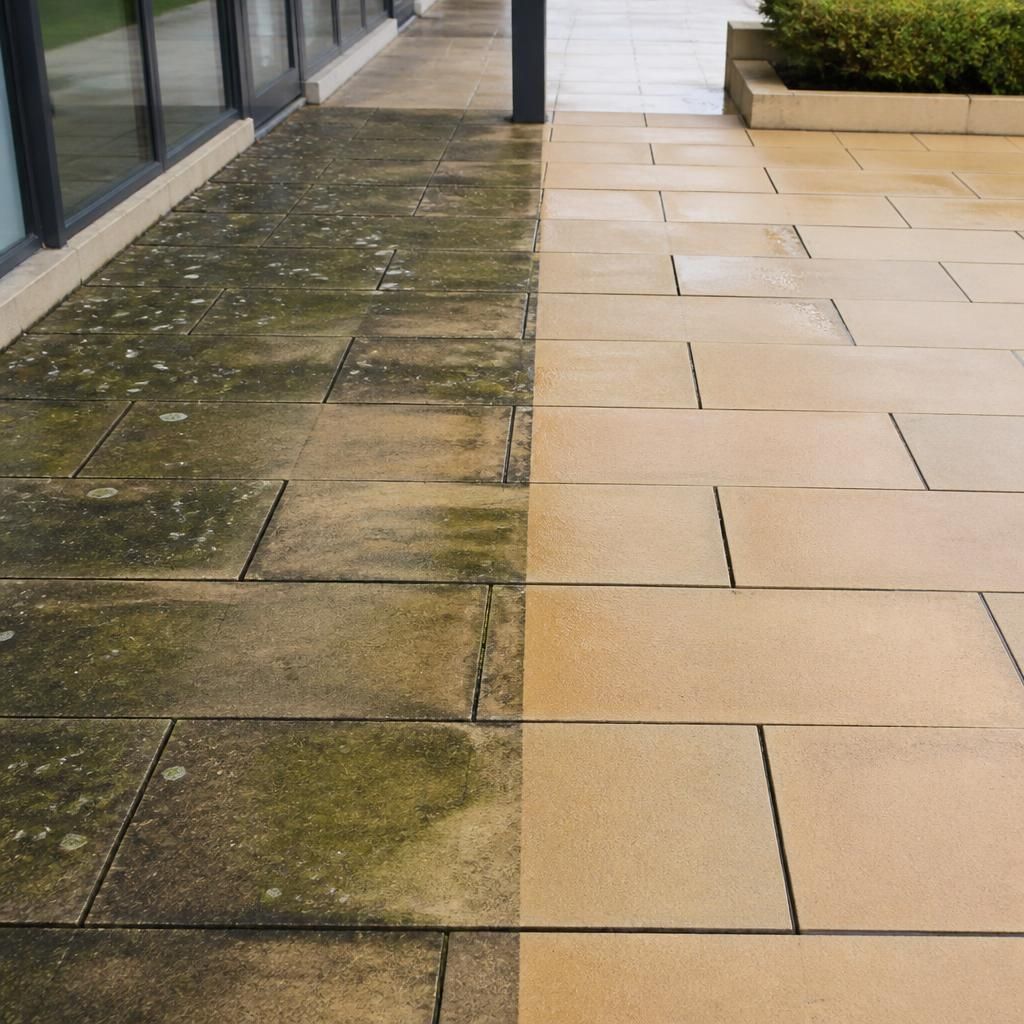 Comparison of a worn paving area before and after cleaning