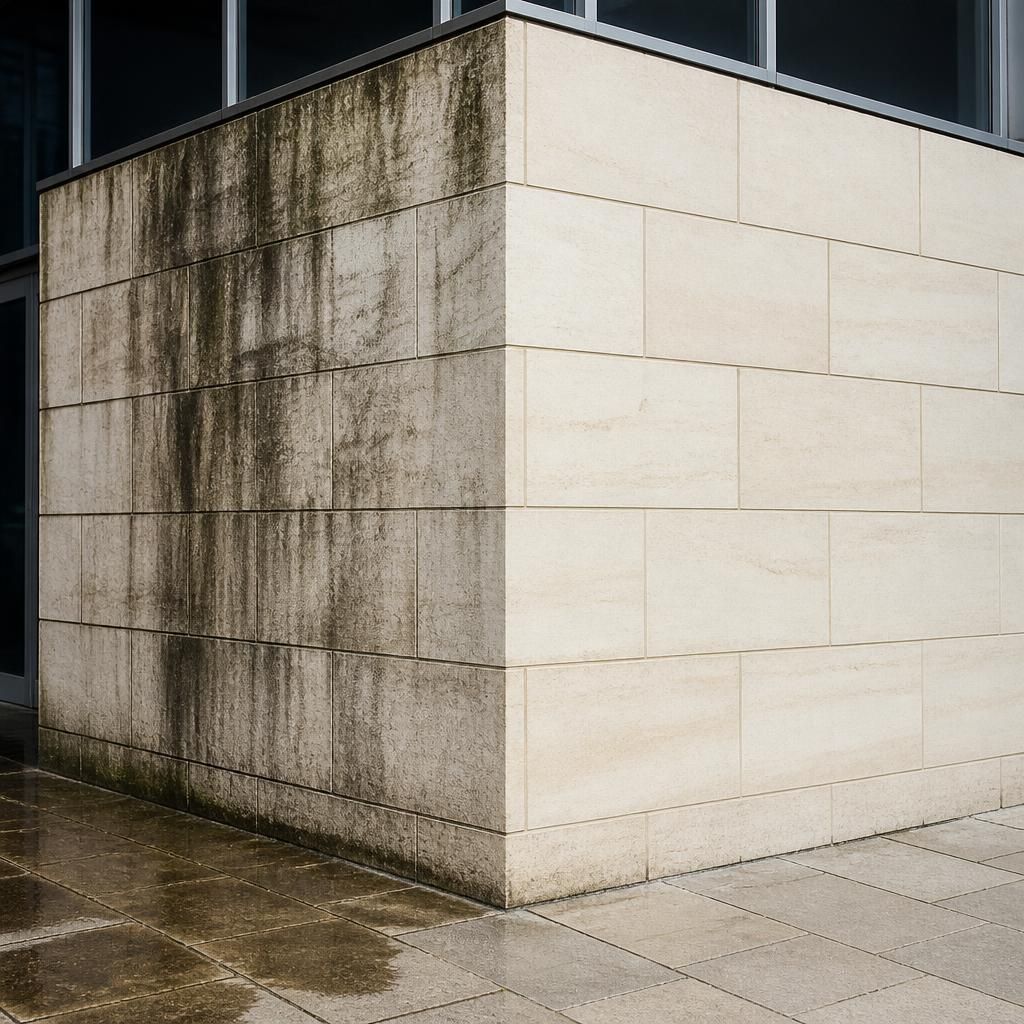 Before and after shot of cleaned stone cladding