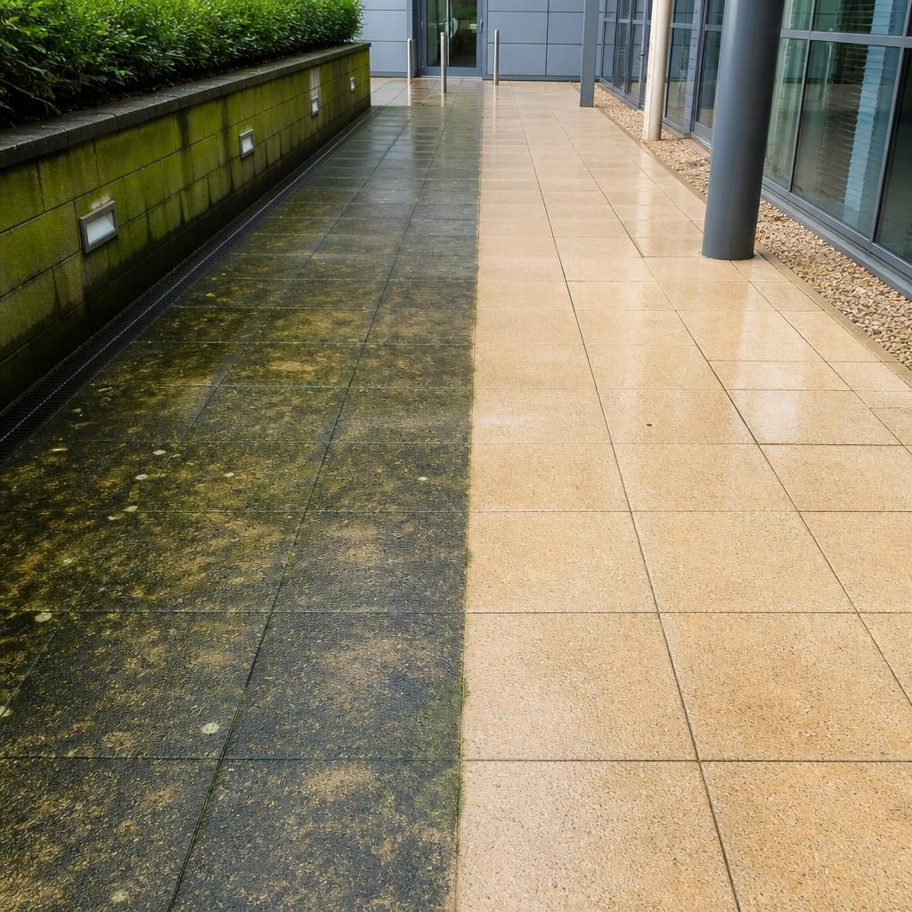 Photograph comparing walkway cleaning before and after