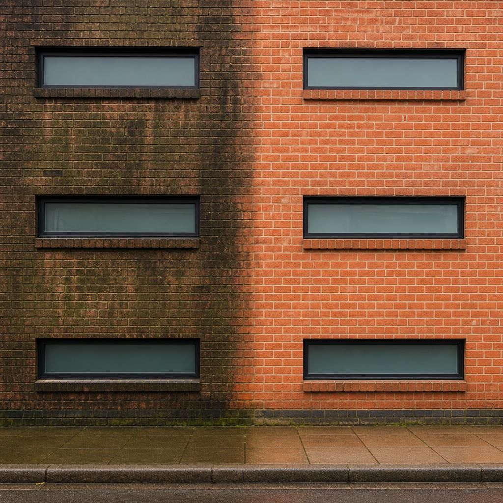 Before and after images showcasing brick façade cleaned with pressure washing