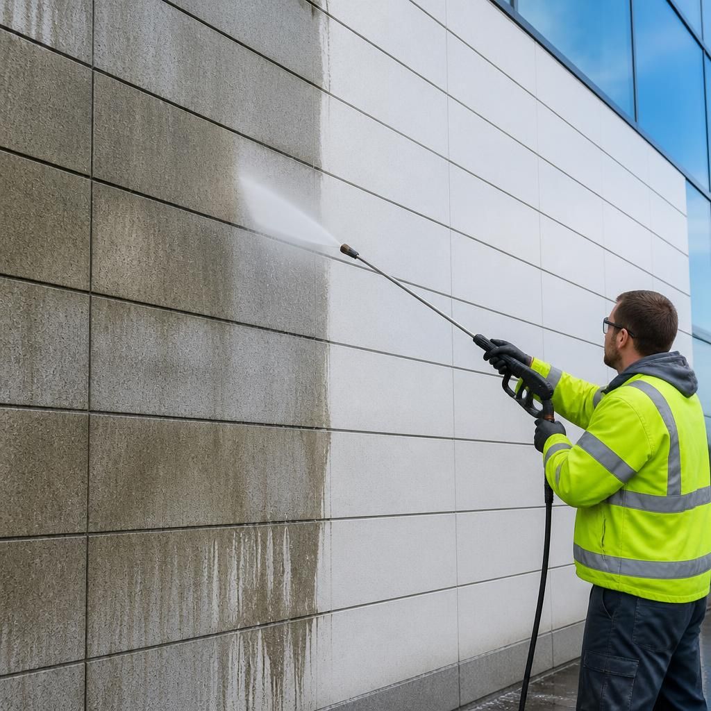 Cladding panels showing dirt removal through pressure washing in before and after images