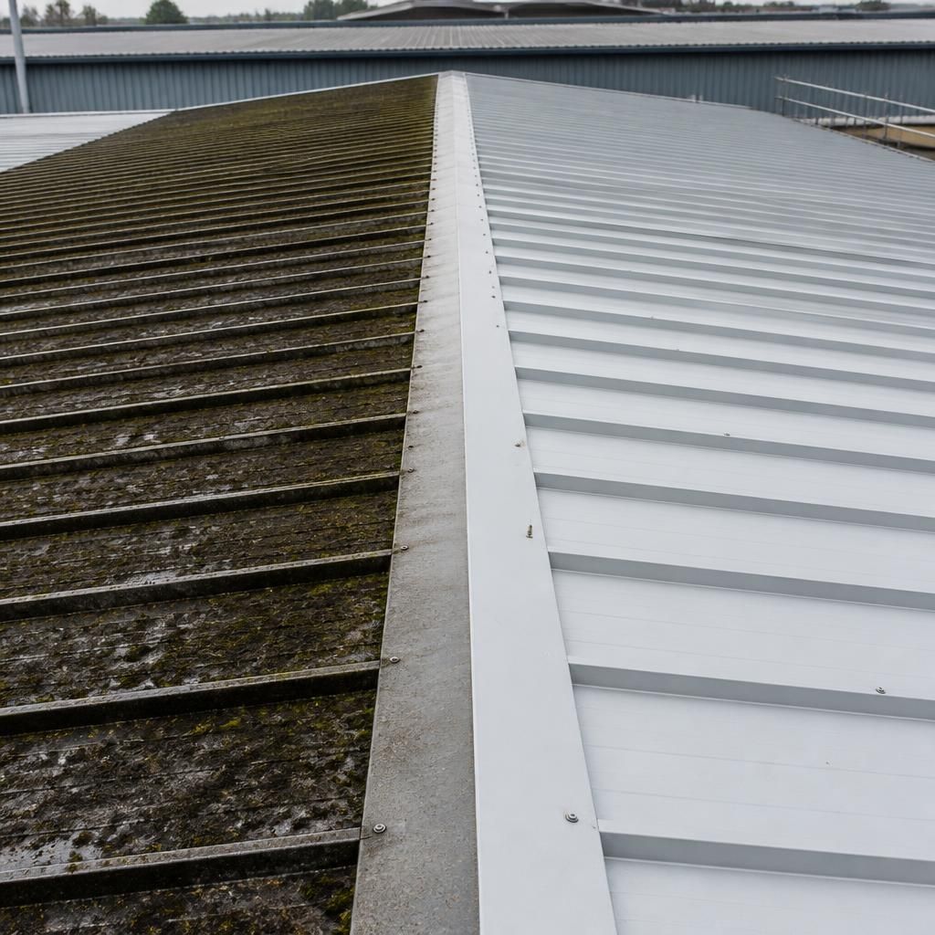 Roof image before and after pressure washing to demonstrate cleaning results
