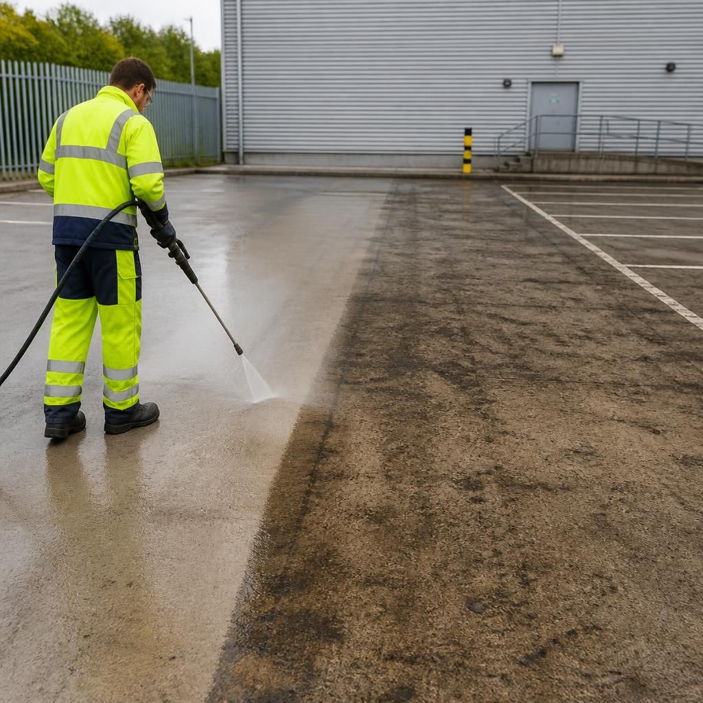 Images showing the transformation of a car park area through pressure washing