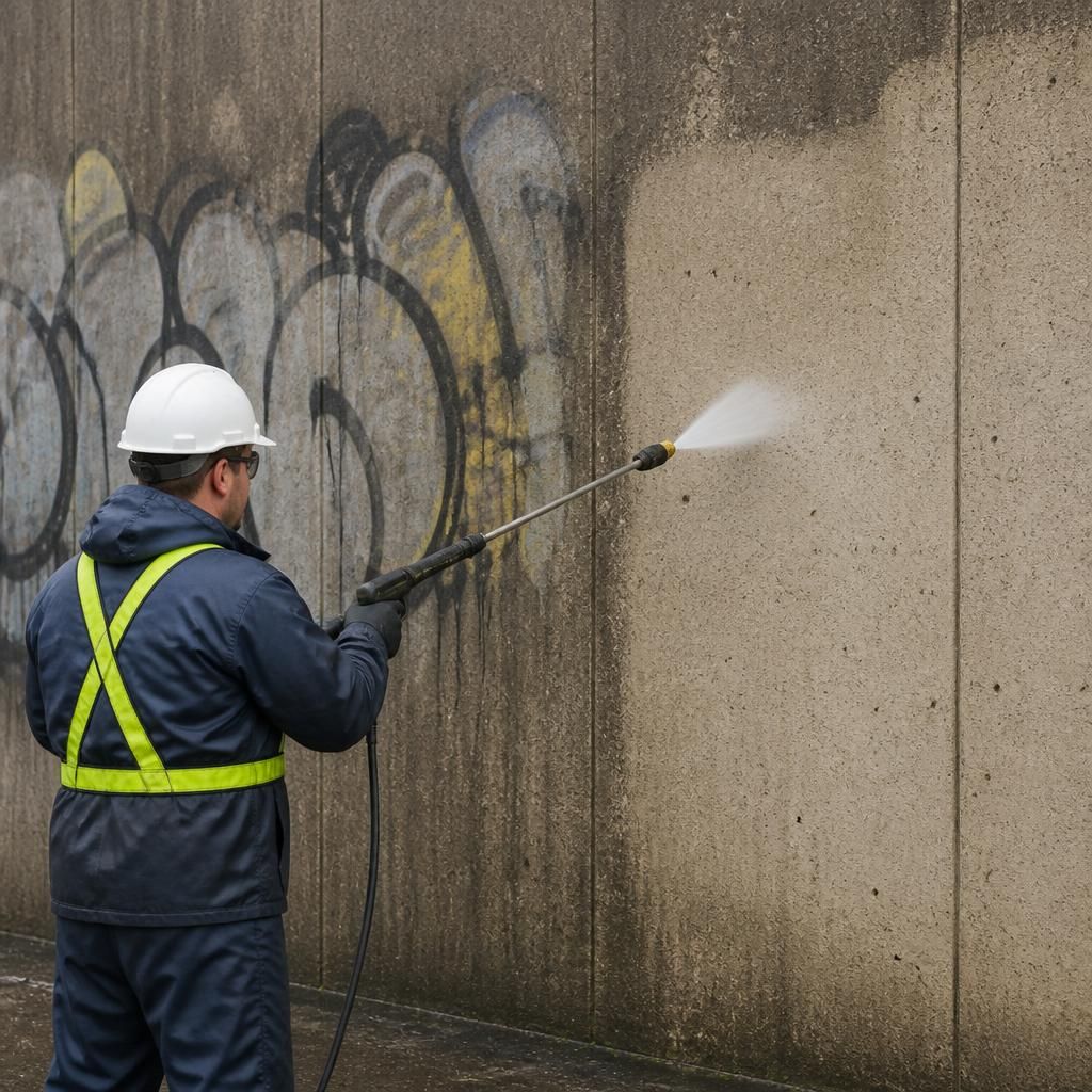 Graffiti removal demonstrated through pressure washing on a concrete wall