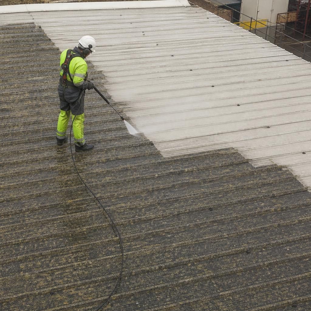 Roof cleaning revealing underlying tile colour