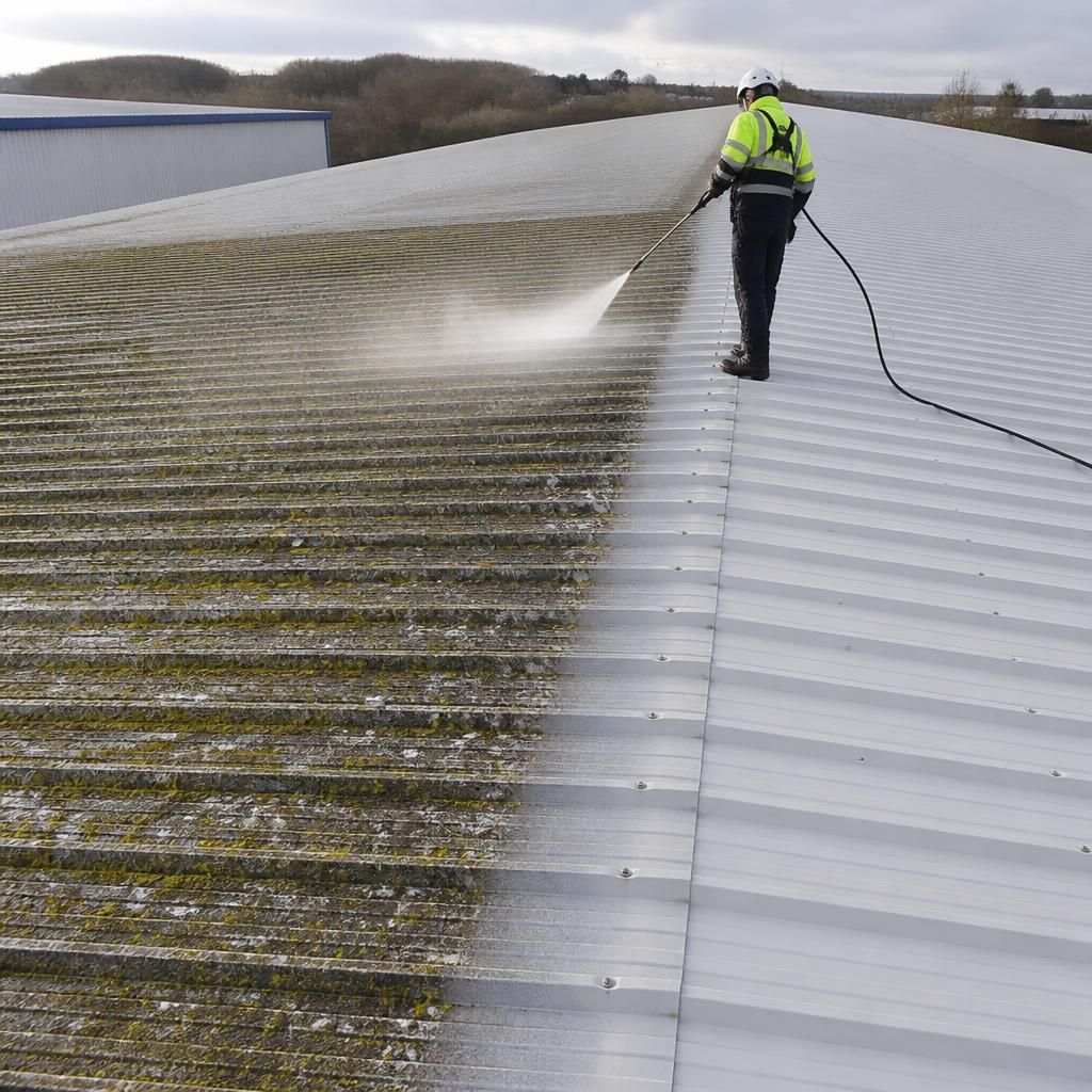 Elimination of roof algae with pressure washing