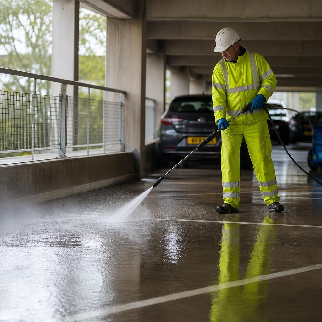 Advanced pressure washing of a car park