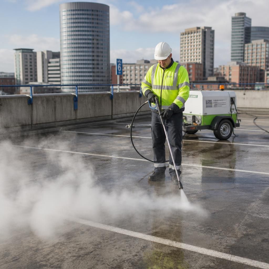 Steam cleaning in progress on a parking area