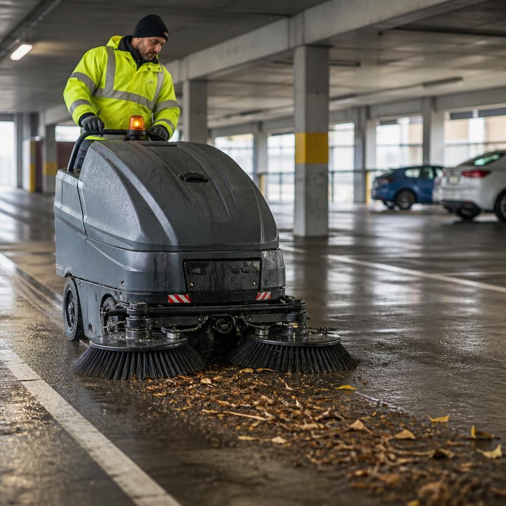 Car park sweeping equipment in action
