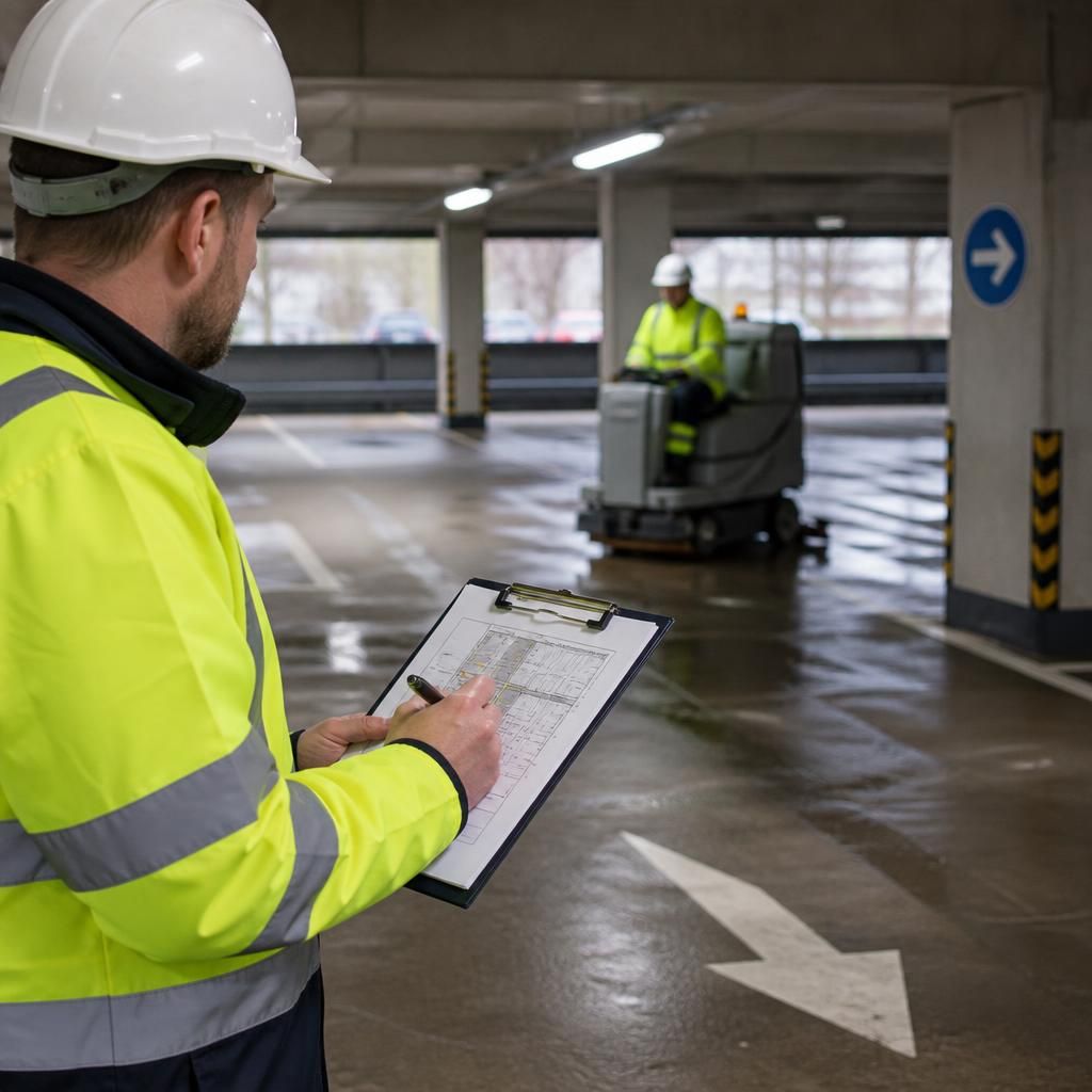 A cleaner planning a tailored car park cleaning solution