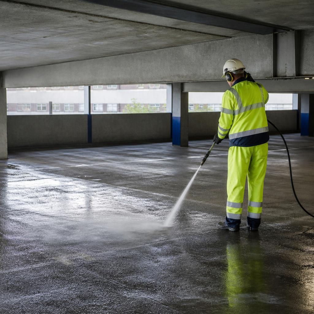Pressure washing in a multi-storey car park