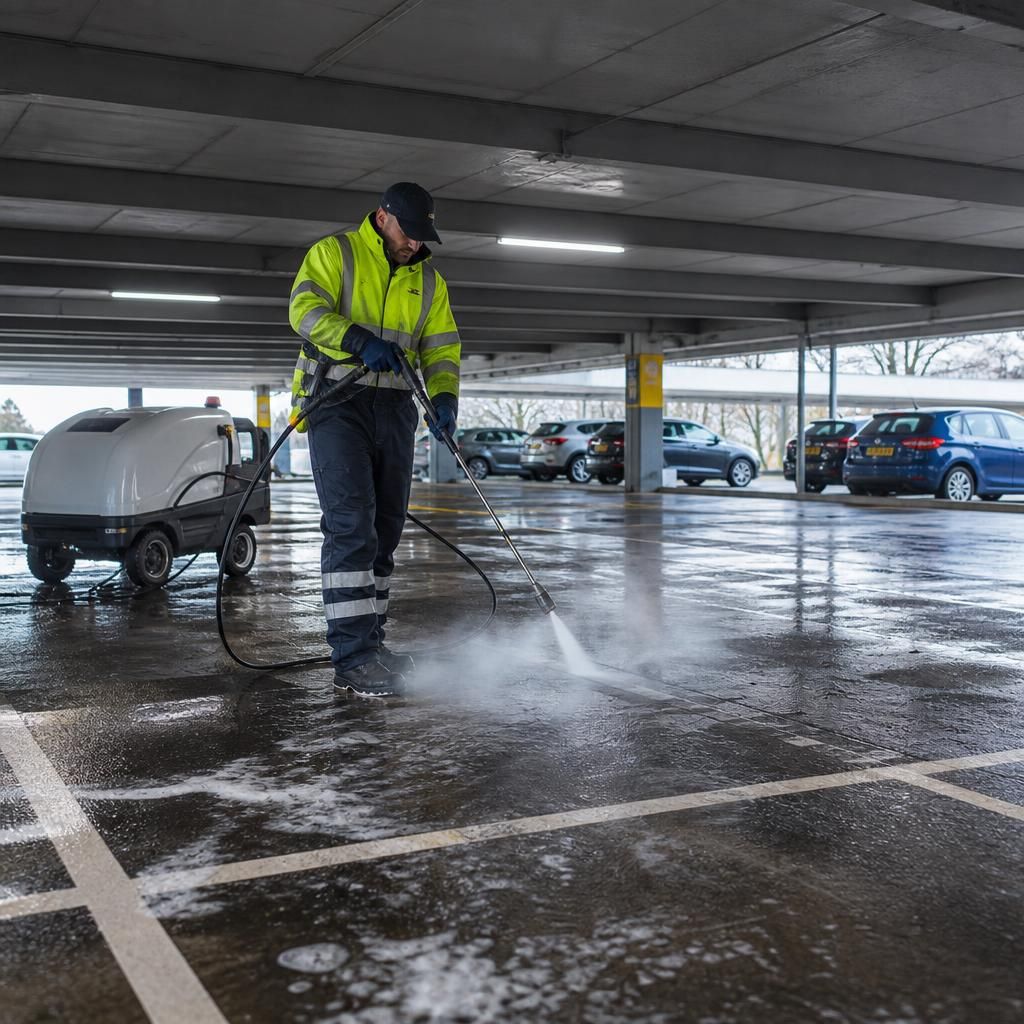 Professional cleaning of a multi-storey car park
