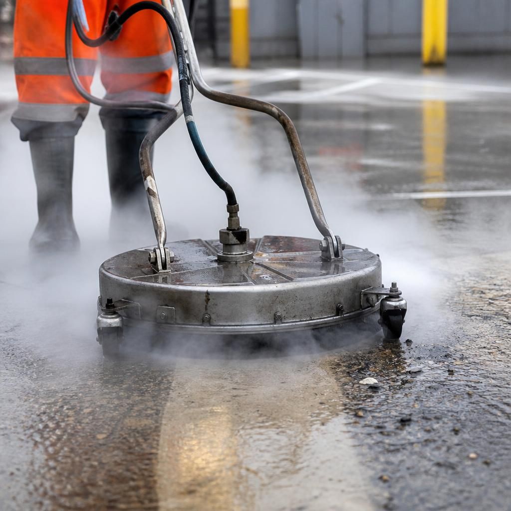 Close-up of steam cleaning equipment in use