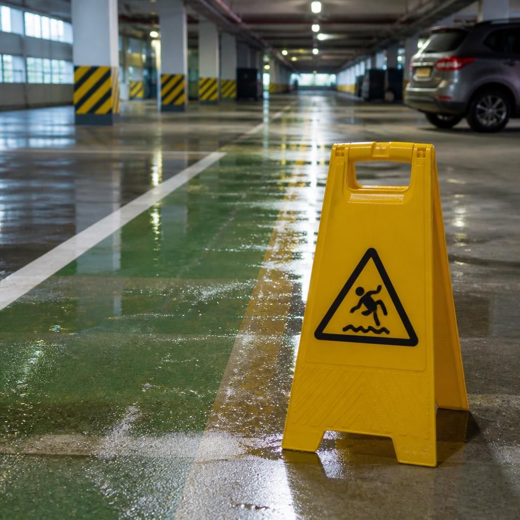 Safety signage indicating recently cleaned slippery surface