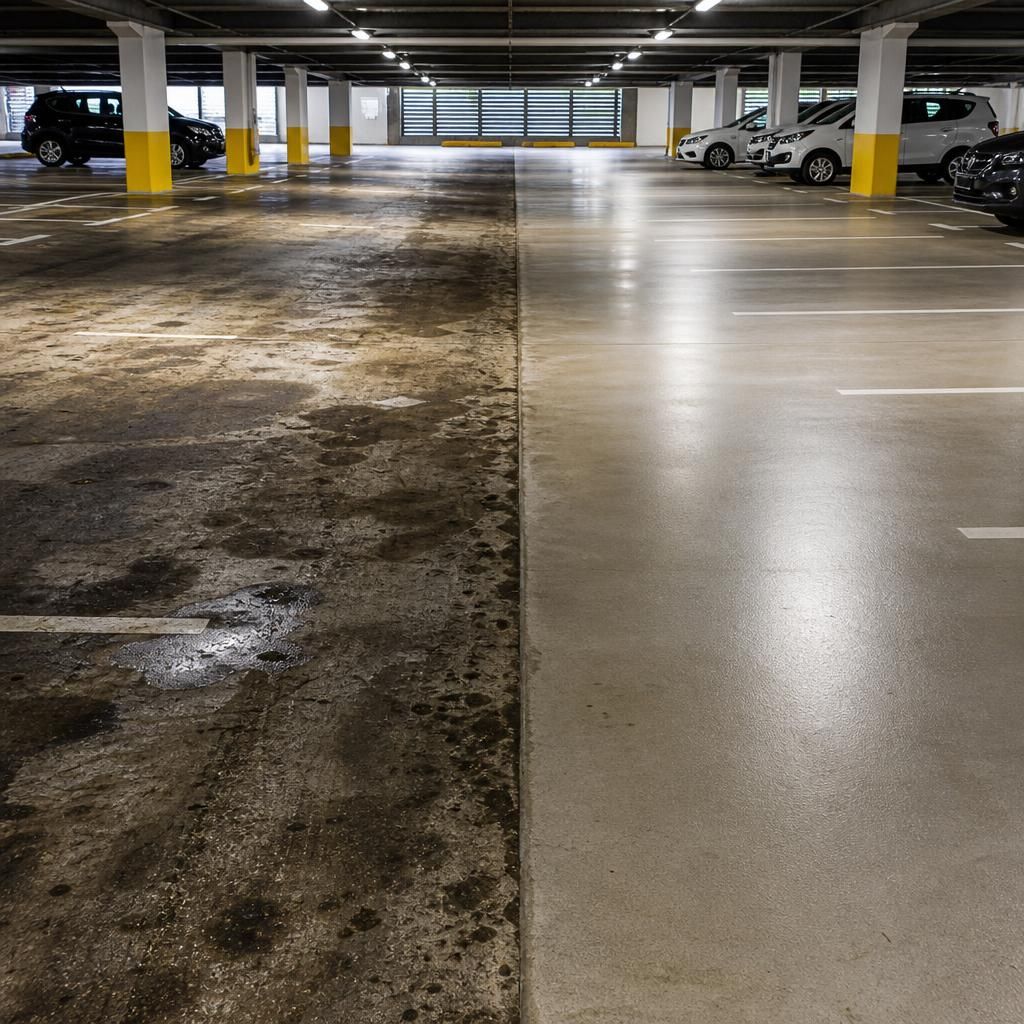 Before and after images of a car park cleaning