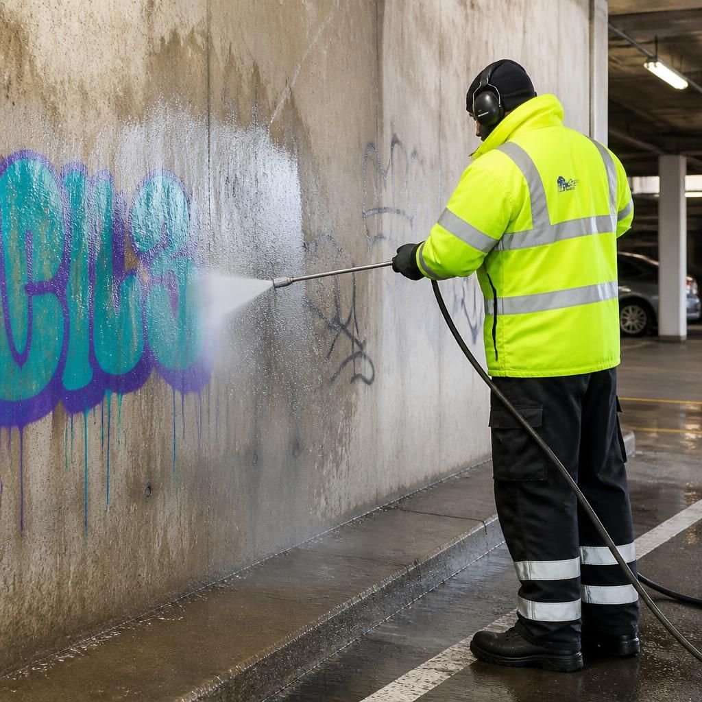 Graffiti being removed from a wall in a car park