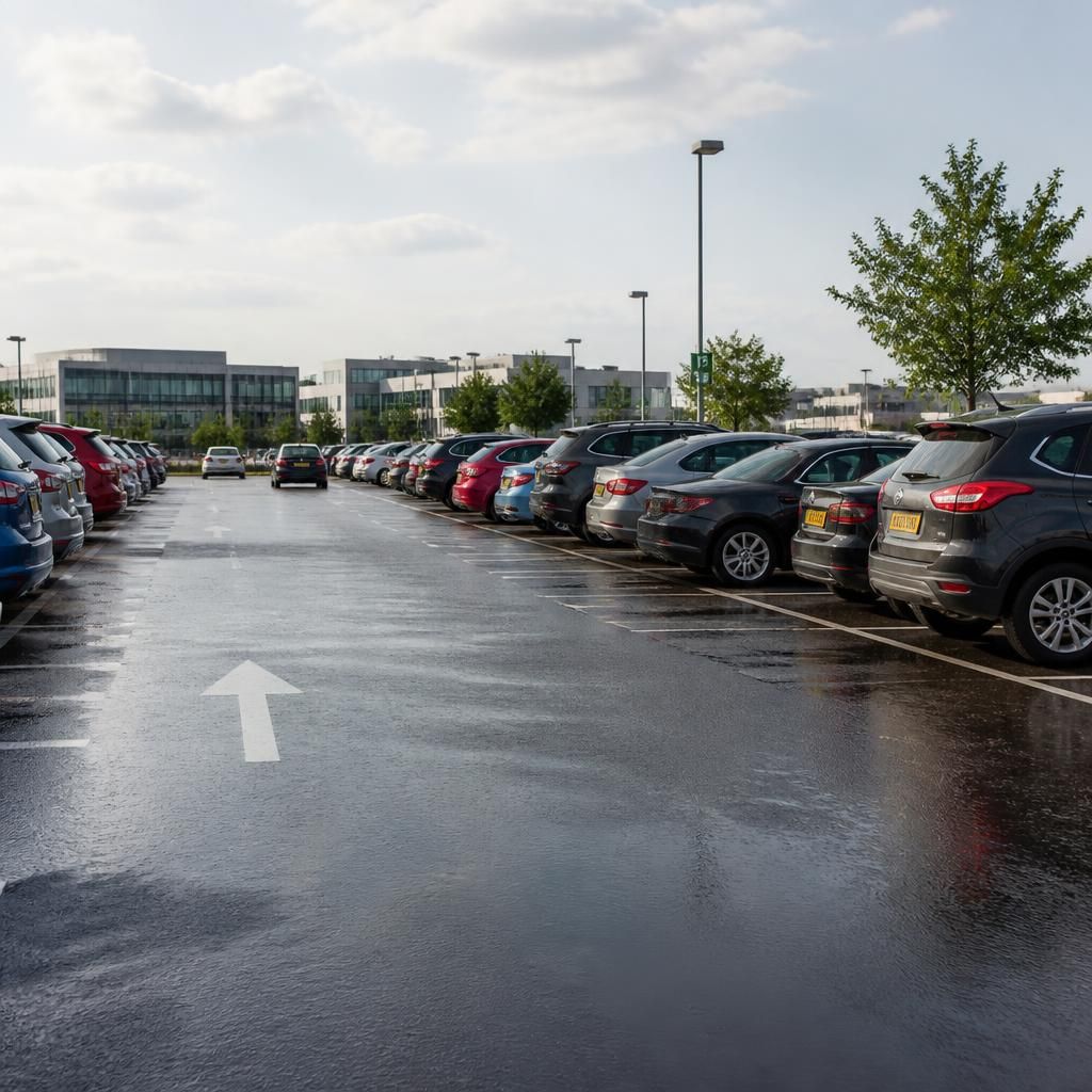 Busy car park with cars parked in an orderly fashion