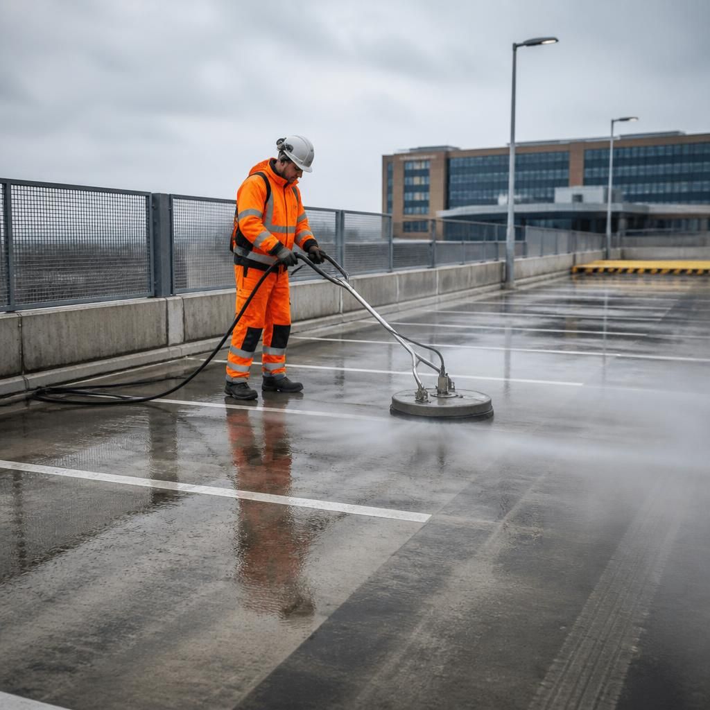 Cleaning equipment being used on a car park roof