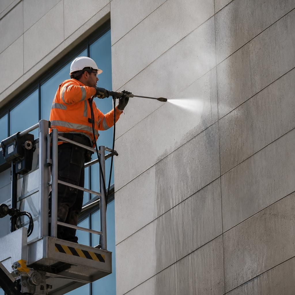 Technician performing pressure washing on a building façade