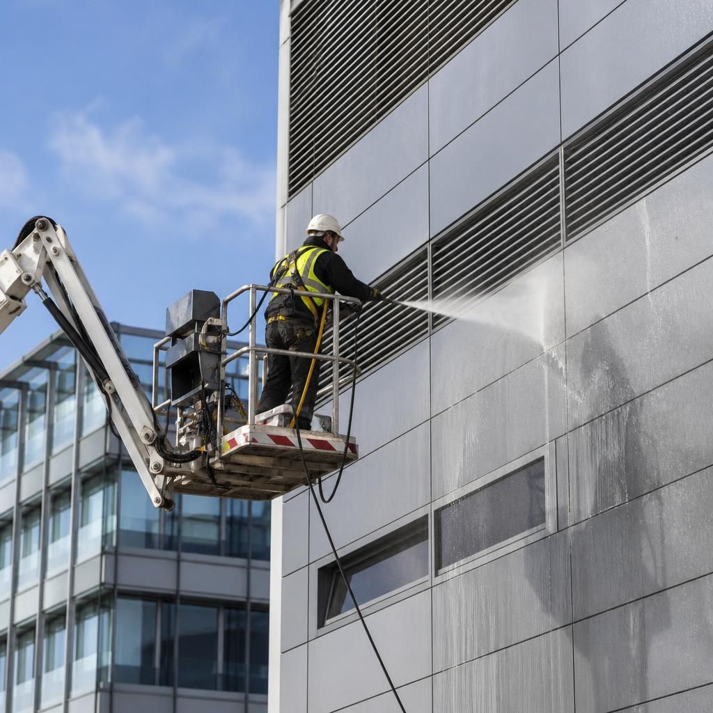 Cleaning professionals using high-altitude access equipment