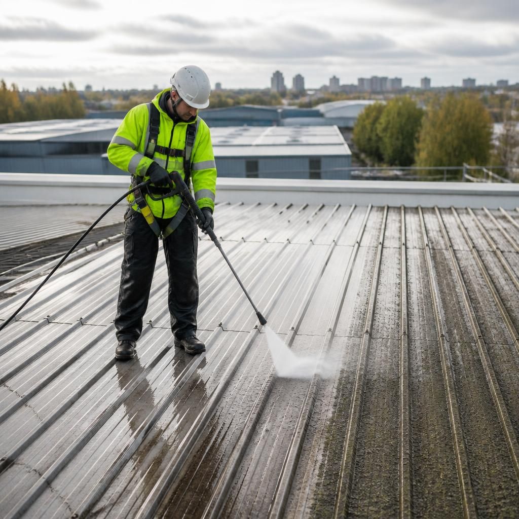 Technician conducting rooftop cleaning
