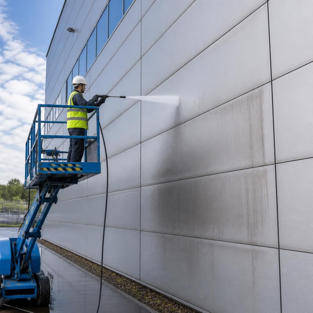 Commercial cladding being cleaned as part of an exterior maintenance programme