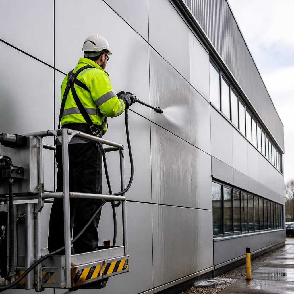Operative cleaning a commercial building façade using specialist equipment