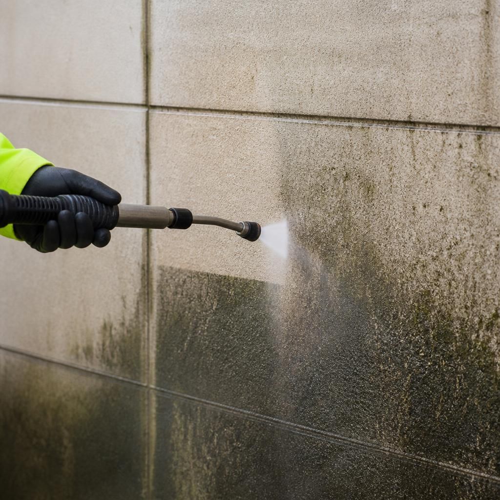 Close-up of a commercial wall being cleaned without damaging the surface