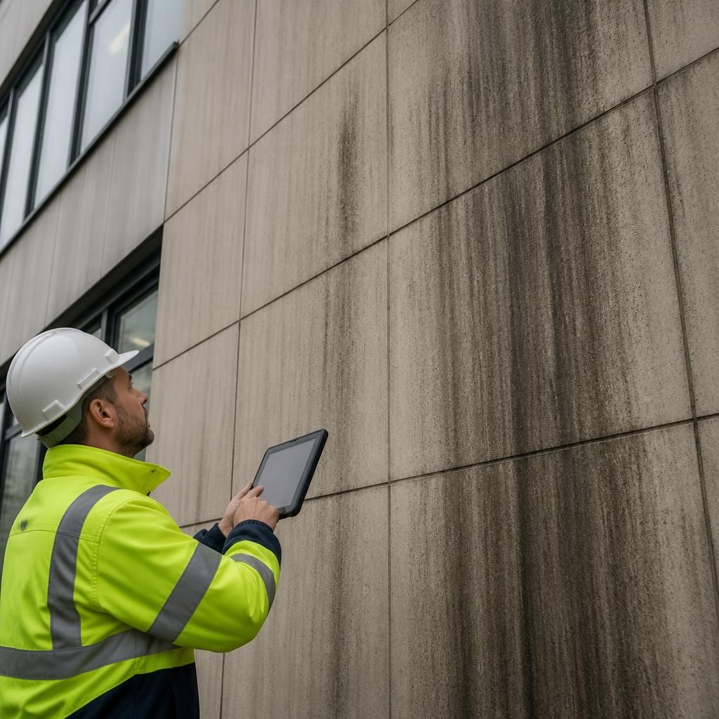 Commercial building wall with pollution staining being treated