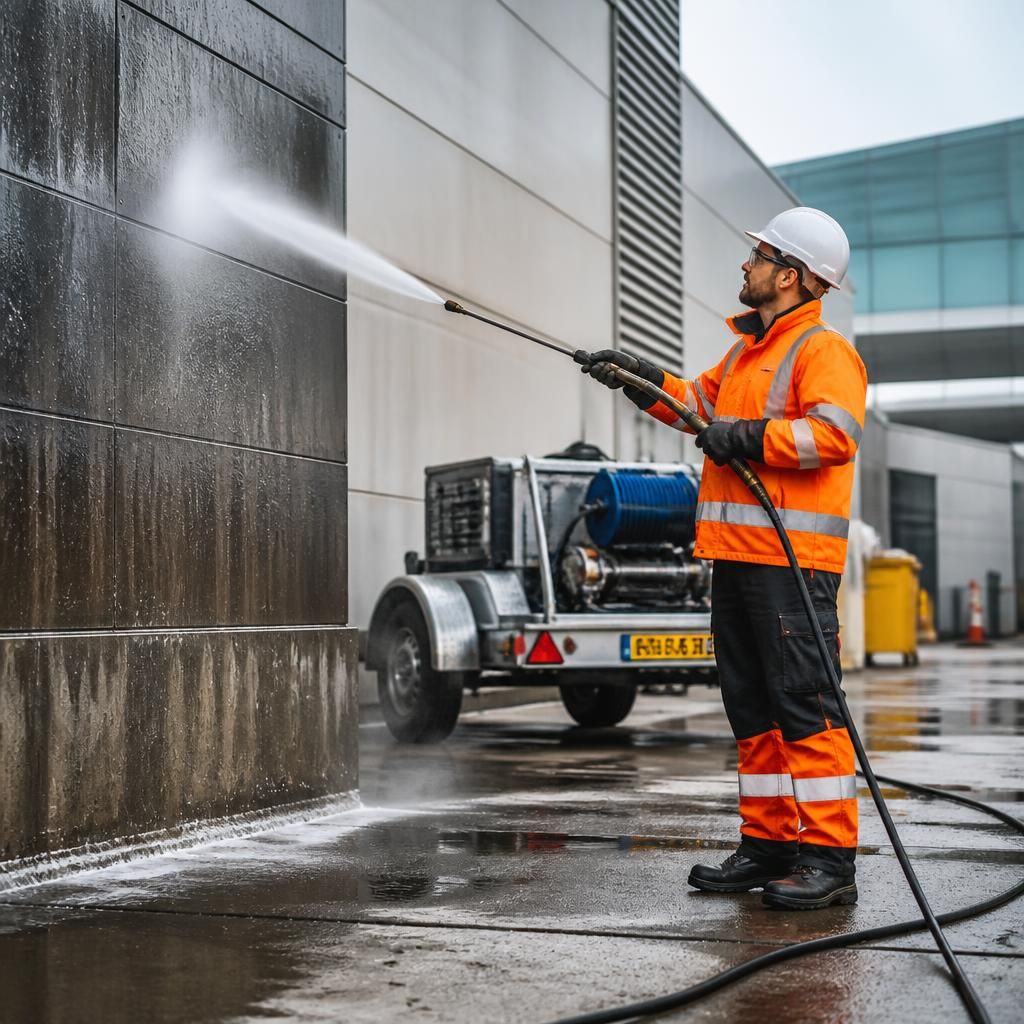 Technician using mobile pressure washer