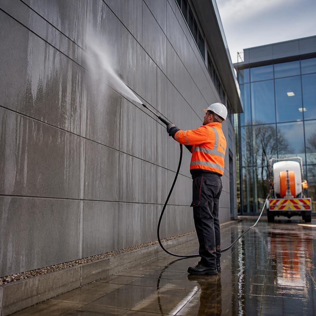 Pressure washing extensive commercial facade