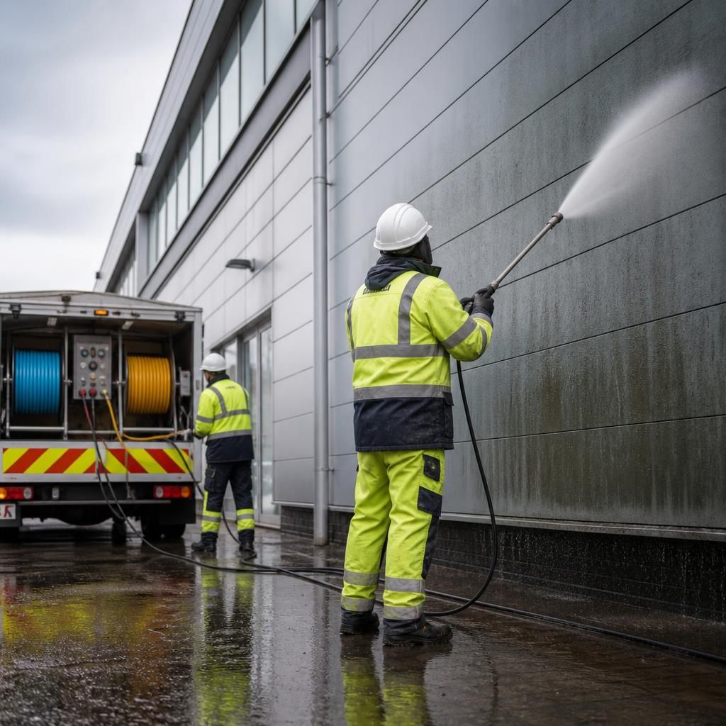Technicians operating mobile pressure washing unit