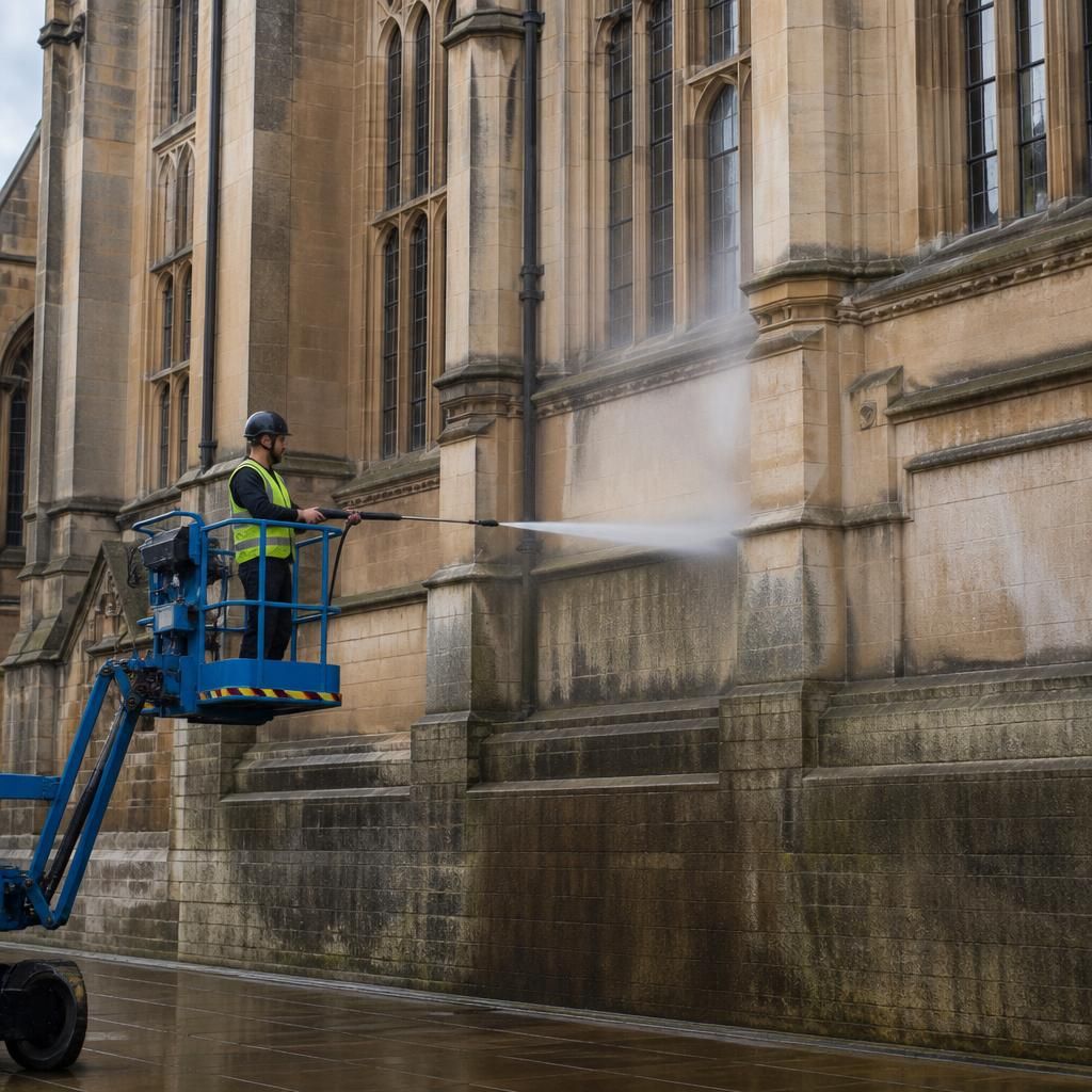 Pressure washing a university facade