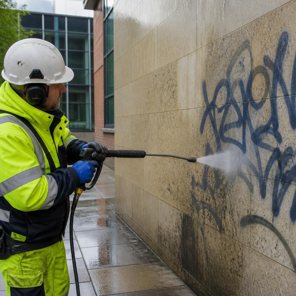 Graffiti being removed from a university wall