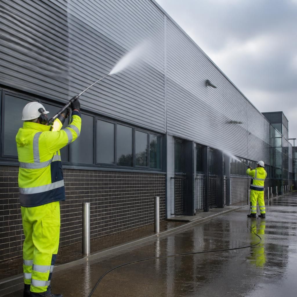 Technicians performing pressure washing on a commercial building